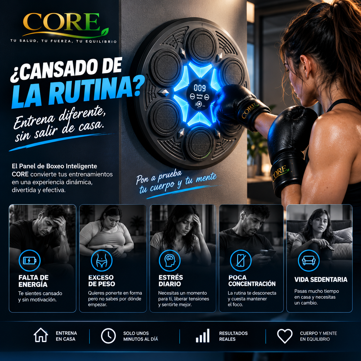 Mujer entrenando con el Panel de Boxeo CORE en casa